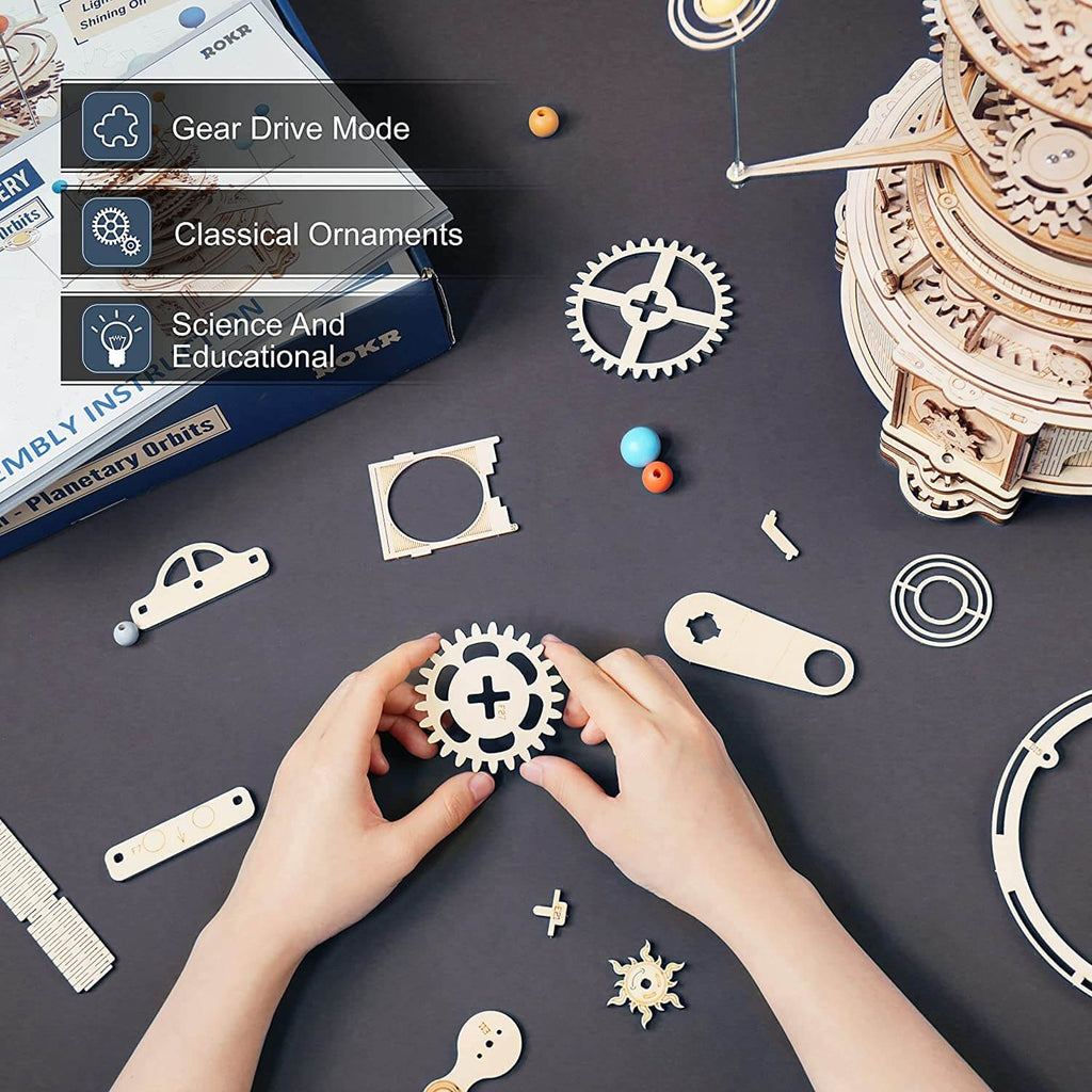 ROKR 3D wooden puzzle, Mechanical orrery model kit, 316PCS wooden puzzle, Rotatable mechanical puzzle, DIY wooden model kit, 3D assembly puzzle toy, Educational building kit, Wooden science model, Creative STEM toy, Mechanical wooden construction kit