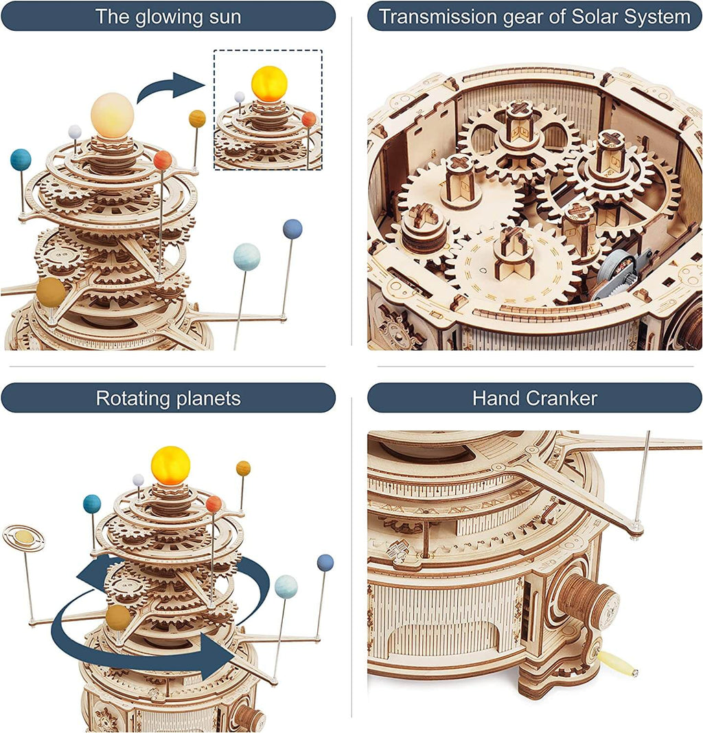 ROKR 3D wooden puzzle, Mechanical orrery model kit, 316PCS wooden puzzle, Rotatable mechanical puzzle, DIY wooden model kit, 3D assembly puzzle toy, Educational building kit, Wooden science model, Creative STEM toy, Mechanical wooden construction kit
