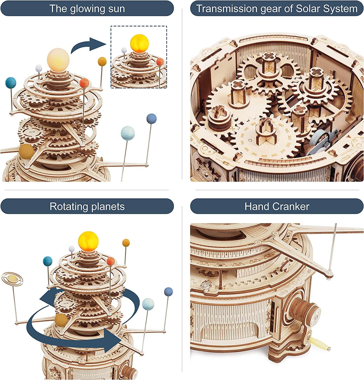 ROKR 3D wooden puzzle, Mechanical orrery model kit, 316PCS wooden puzzle, Rotatable mechanical puzzle, DIY wooden model kit, 3D assembly puzzle toy, Educational building kit, Wooden science model, Creative STEM toy, Mechanical wooden construction kit